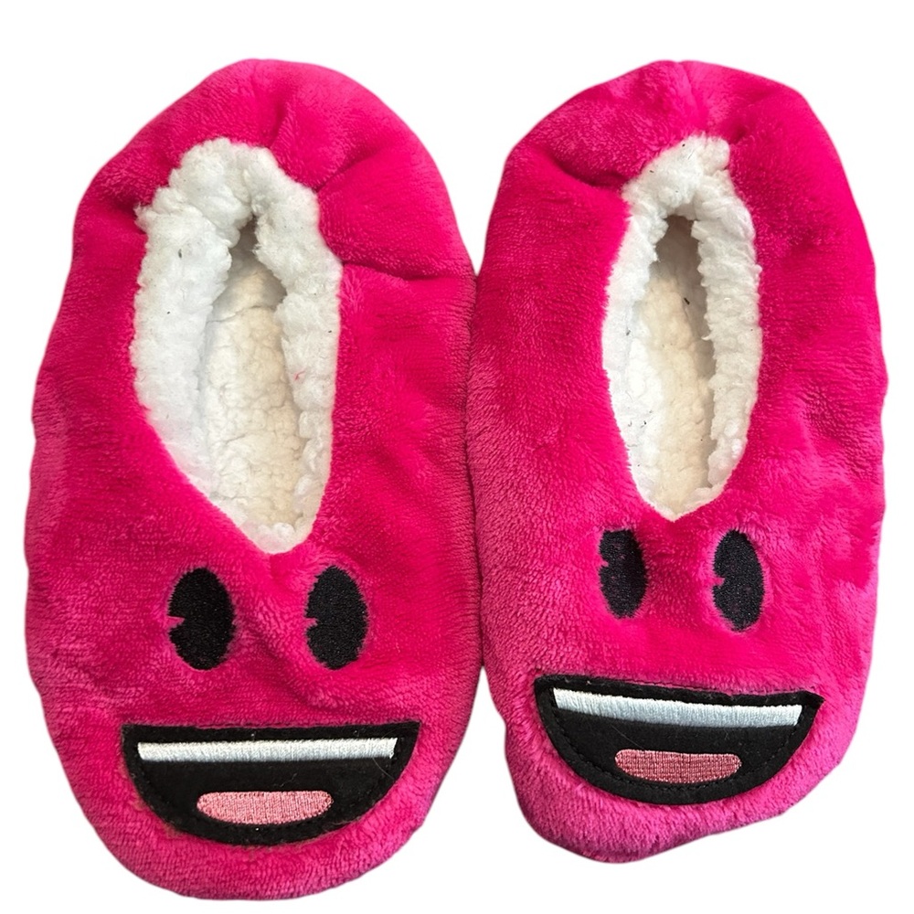 Pink Fuzzy Smiley Face Emoji Slippers
